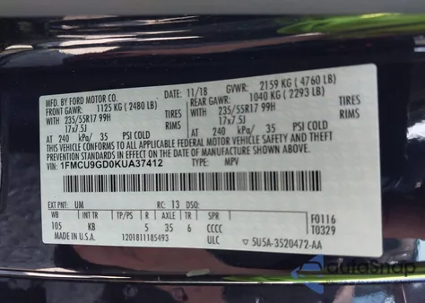 2019 Ford Escape Se from USA, damaged, VIN 1FMCU9GD0KUA37412